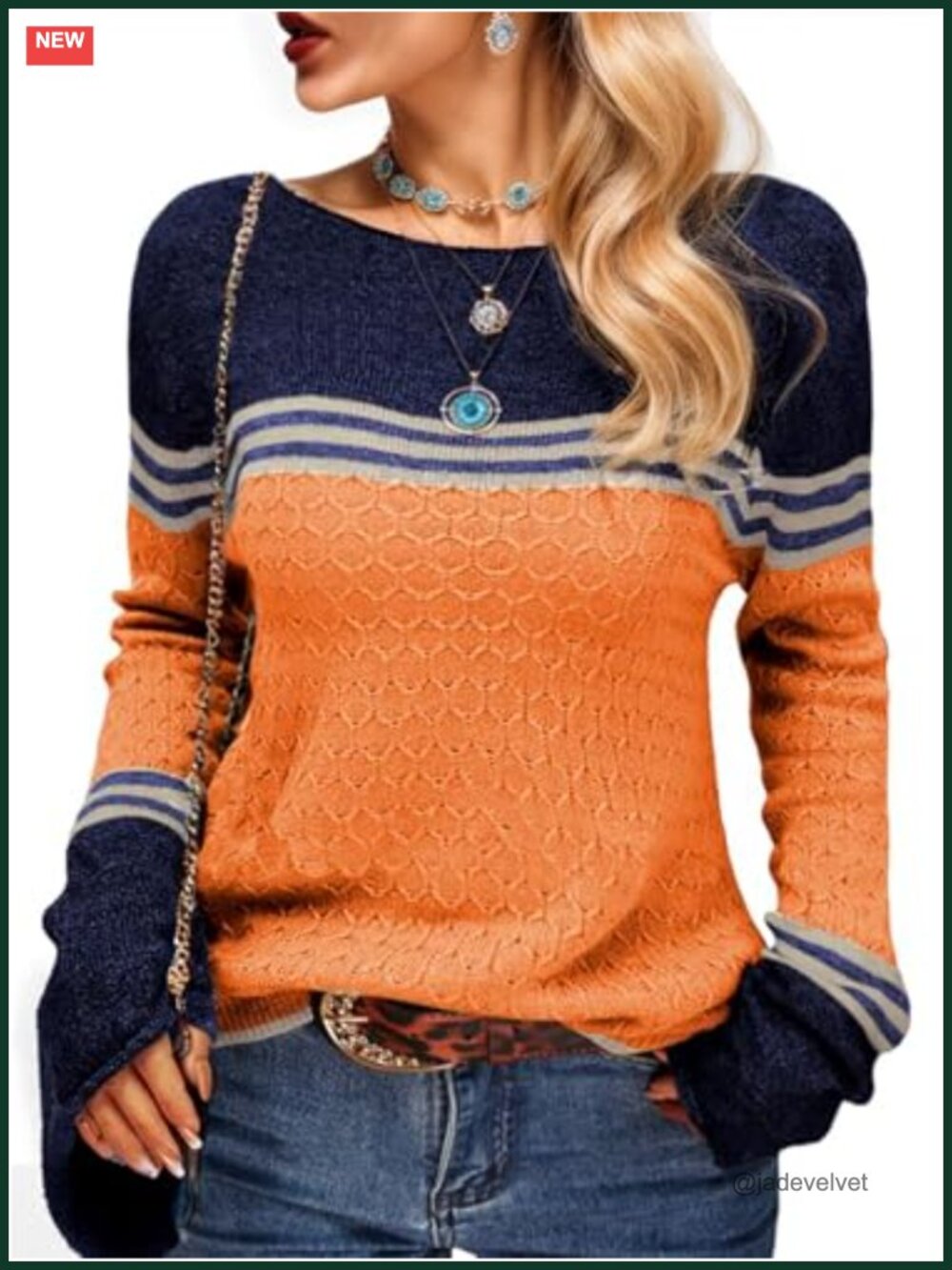 Women's Lightweight Colorblock Pullover Sweater Long Sleeve Crew Neck Casual